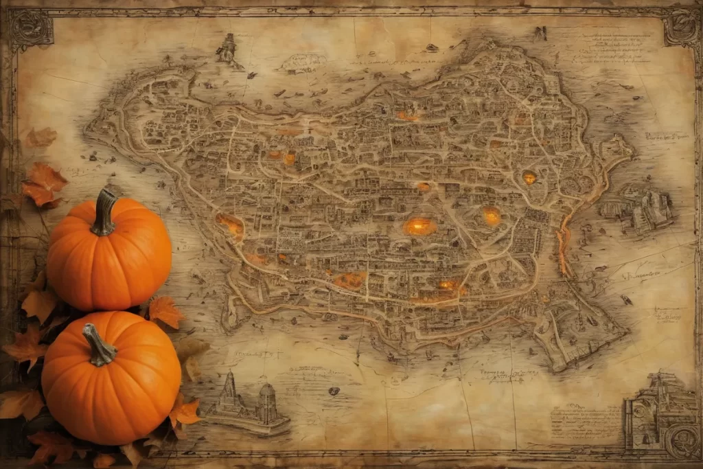 Un mapa desgastado muestra ruinas antiguas y calabazas naranjas sugieren una cámara oculta
