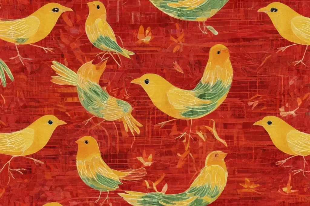 Un patrón abstracto rojo vibrante con pájaroscanarios bañados en sol y tejido con textura