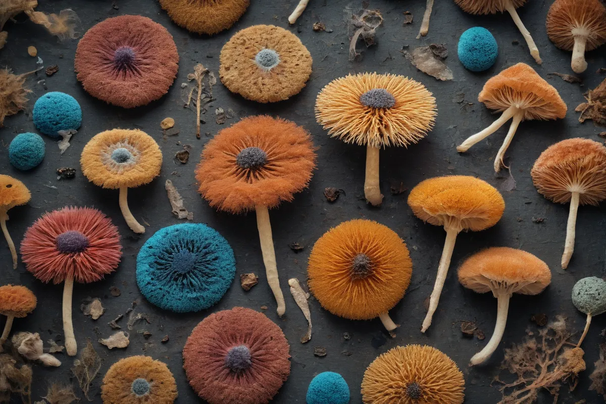 Una imagen de alta resolución de esporas de un organismo en un fondo texturado con título y ilustraciones. (This translates to: A high-resolution close-up image of spores from an organism on a textured background with a title and colorful illustrations.)