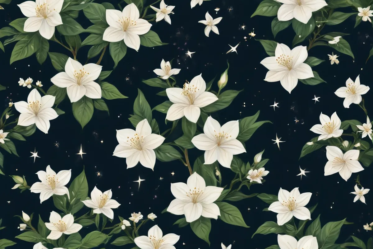 **Paisaje floral con pétalos de jazmín y estrellas.**