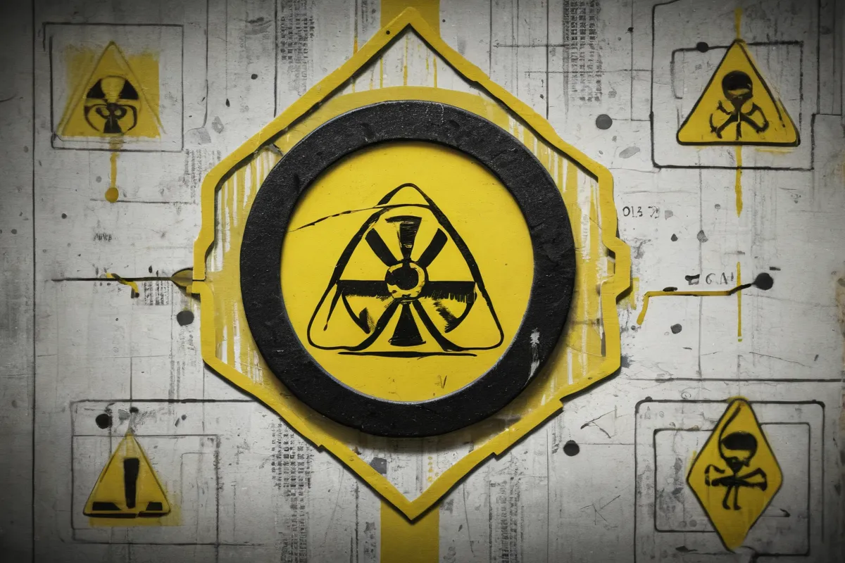 Un diseño abstracto con uranio, advertencias y datos se fusionan en formas abstractas. **Translation:** In an abstract design featuring uranium, warnings, and data, they blend into abstract forms