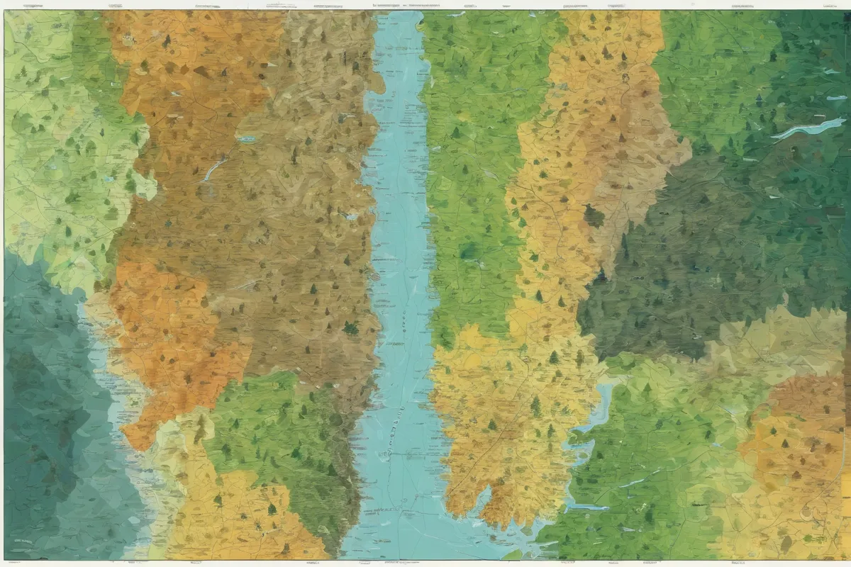 Mapa forestal con árboles diversos, colores frescos y humedad cálida