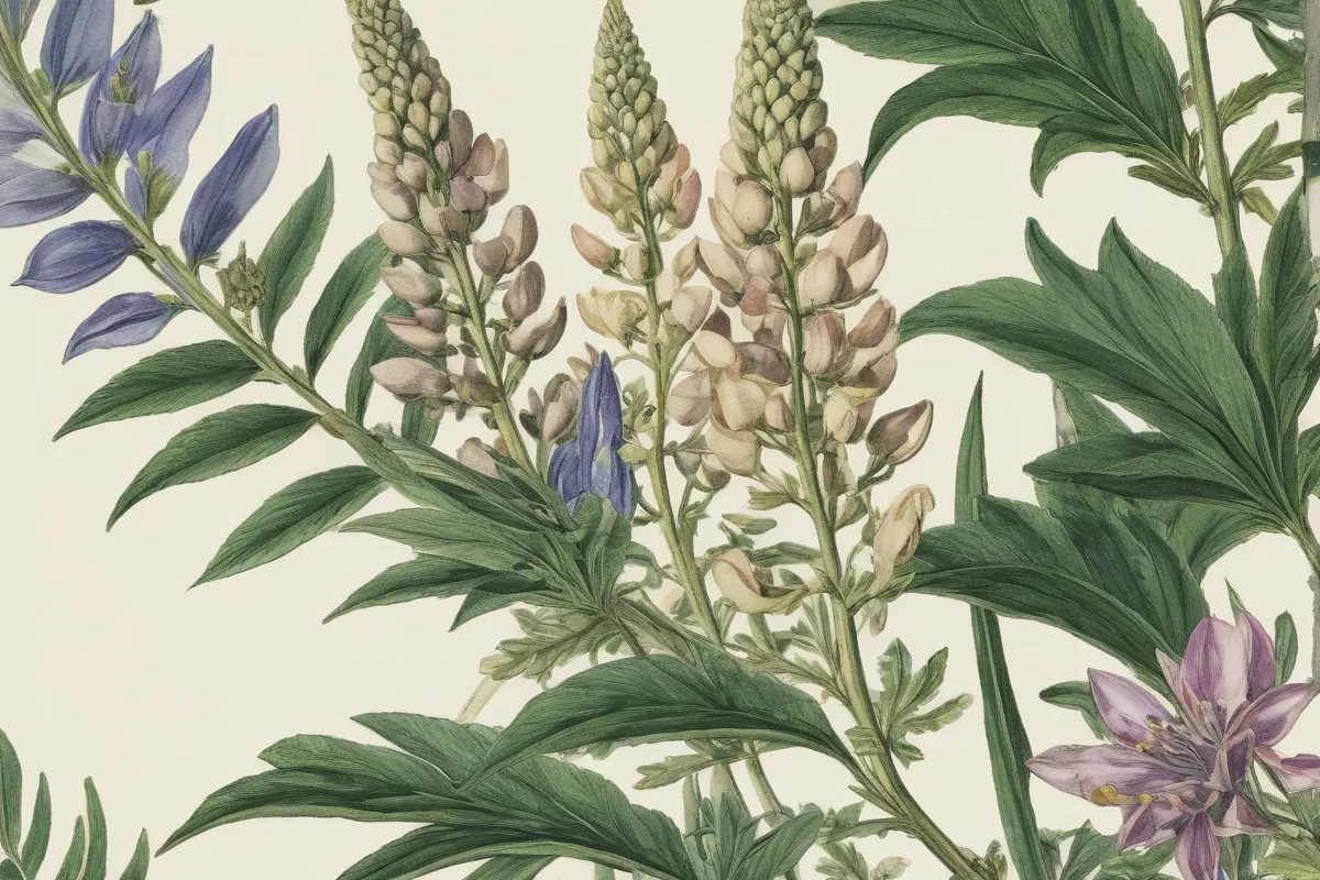 Ilustración de *Lupinus polyphyllus* con detalle de hojas y flores