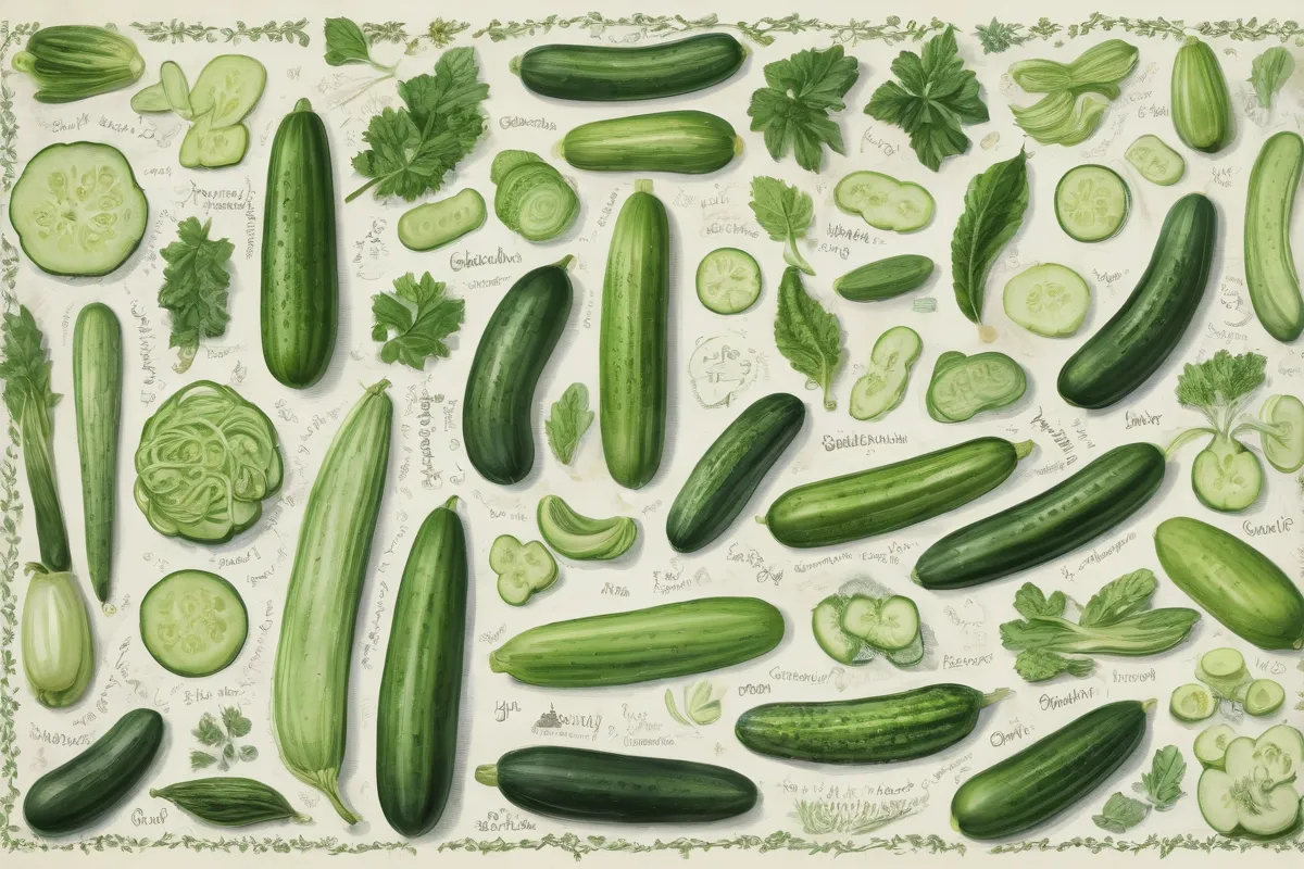 Una ilustración divertida muestra diversas variedades de pepino con información para aprender más sobre ellas, en la pared junto a cada imagen