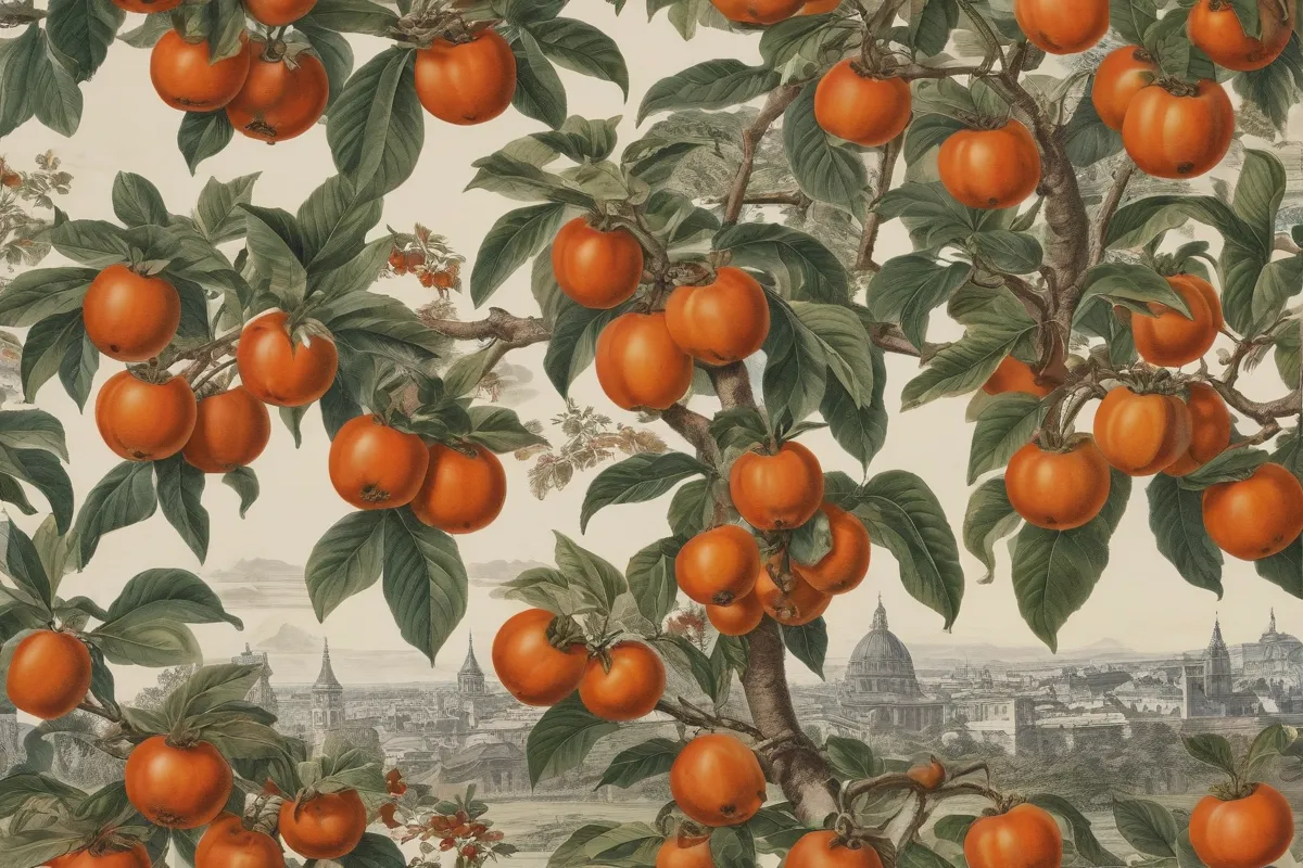 El papel tapiz presenta la distribución geográfica y el significado histórico de persimmon europeo desde un archivo