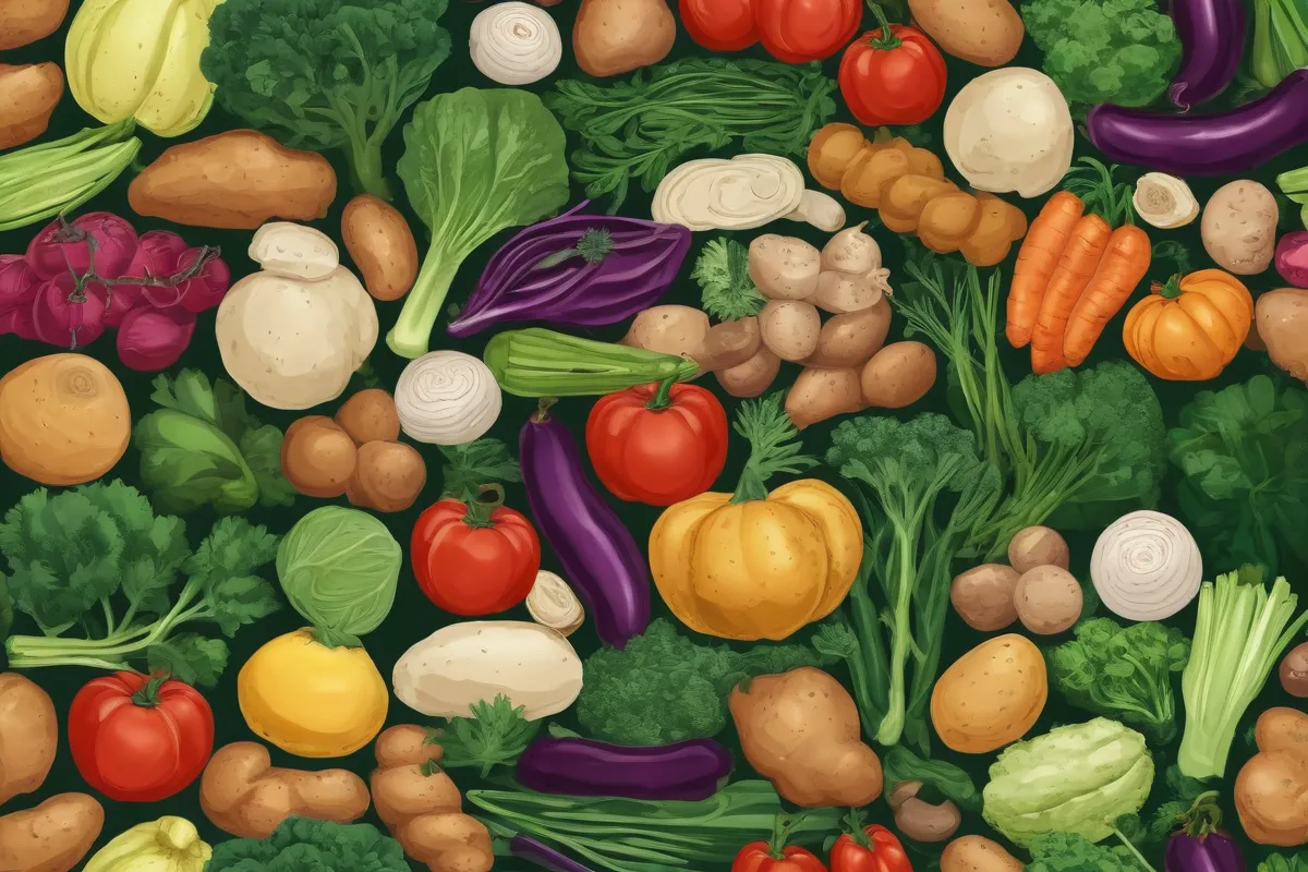 Papel pintado de hortalizas y patatas, ilustración alfabética