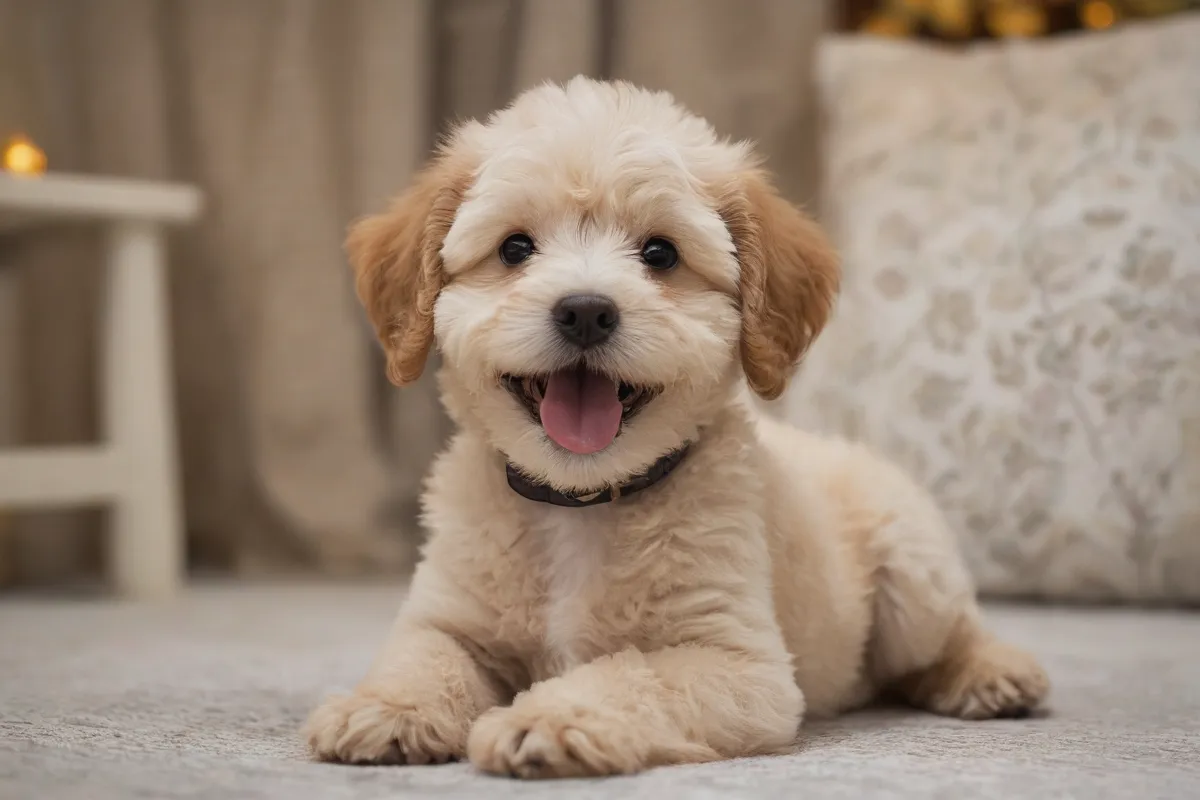 Un cachorro de caniche adorable y feliz rodeado de escenas familiares        