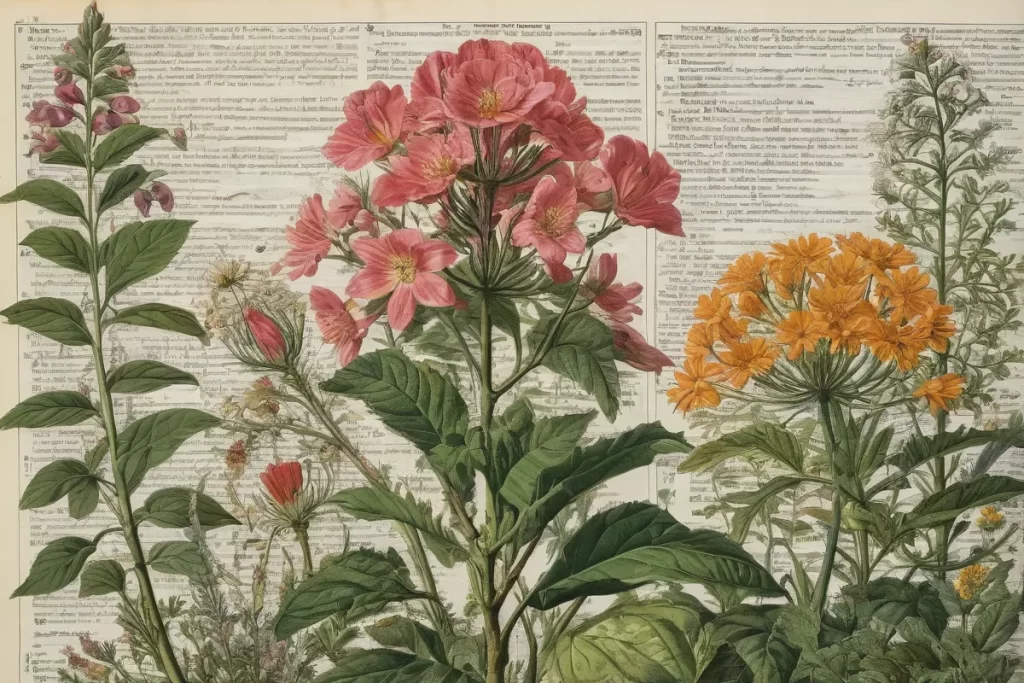 Plantas y flores con ilustraciones de diccionarios y diagramas botánicos