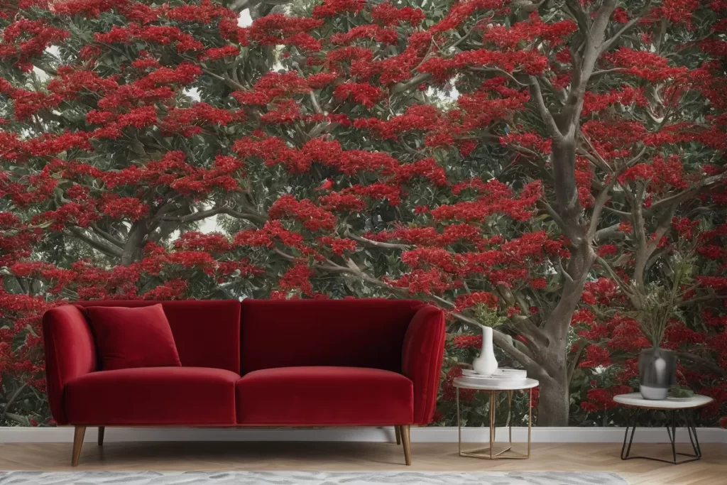 La pared tiene un patrón de imágenes fotográficas detalladas del árbol de photinia roja