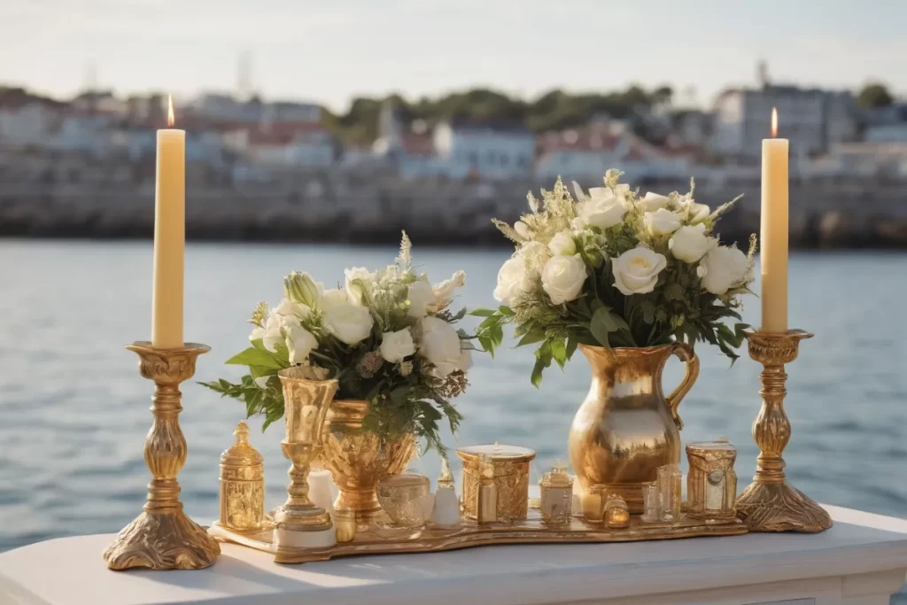 Las velas doradas decoran una escena costera para la belleza