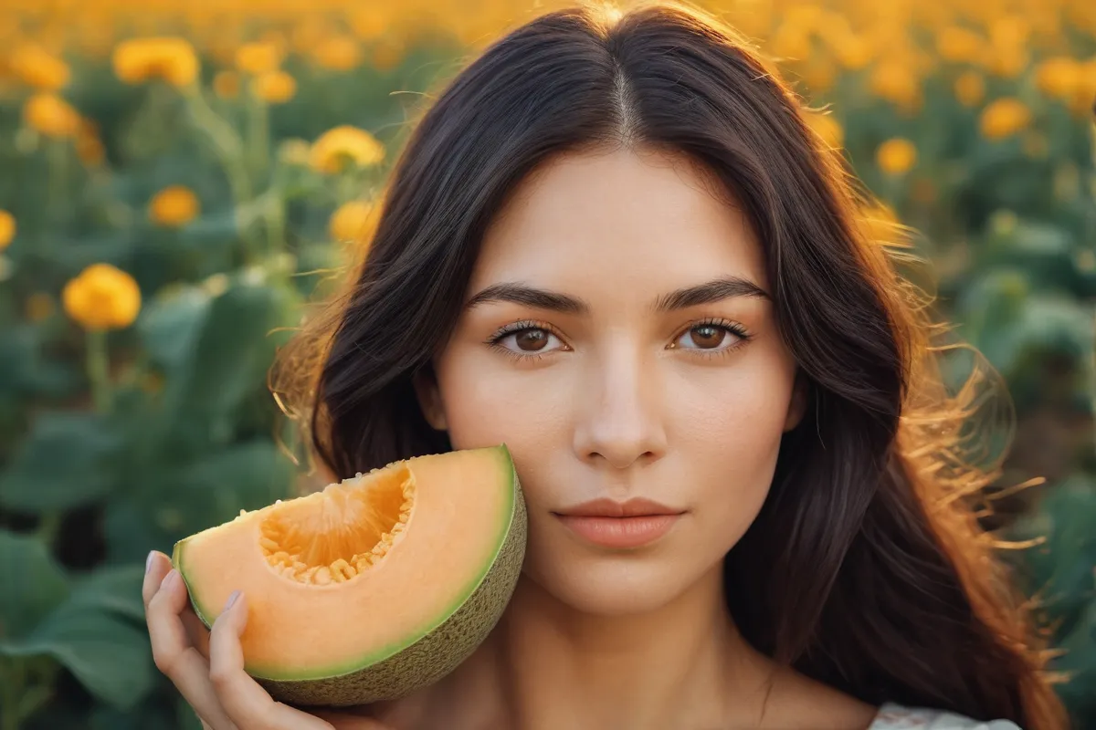 Una melocotón jugoso, radiante, expuesto en campos dorados. (A juicy melon, radiant, exposed in golden fields.)