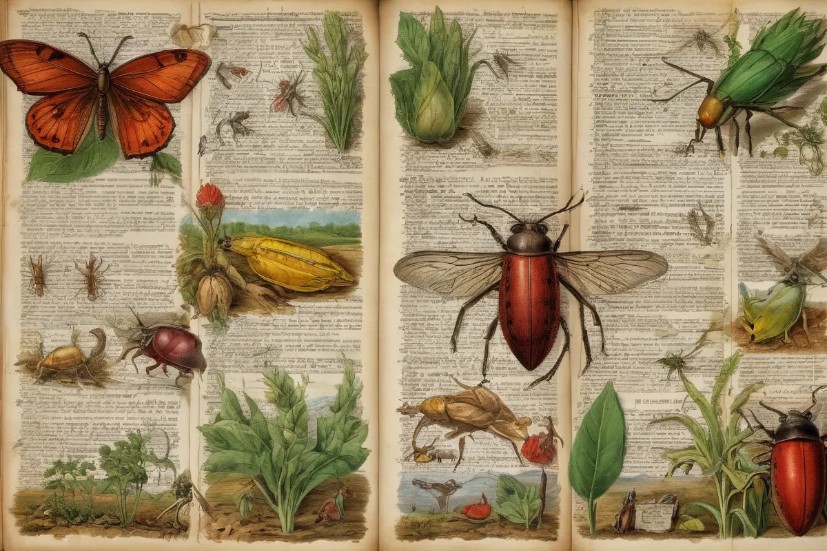 Ilustraciones de cultivos, plagas y técnicas agrícolas en un viejo diccionario