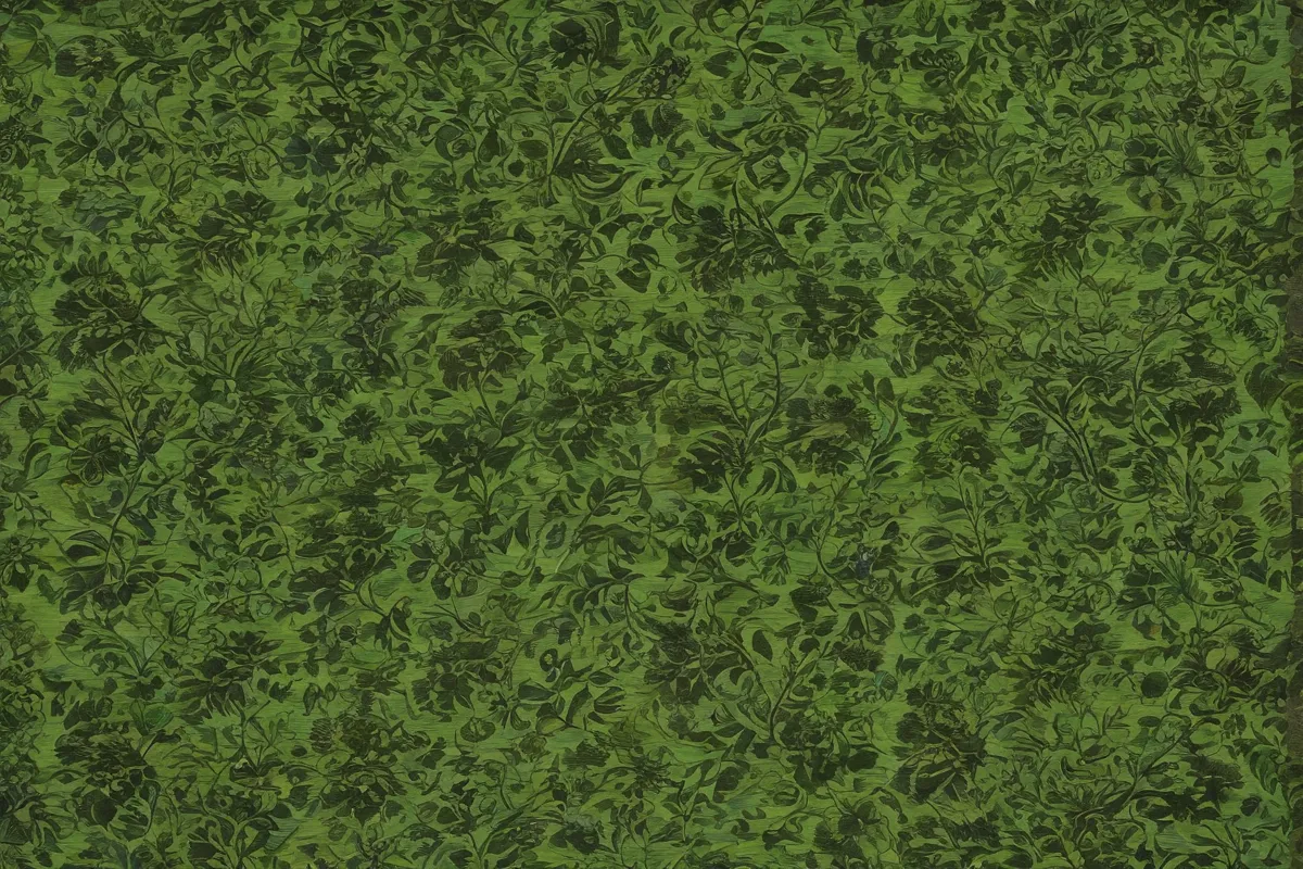 El tejido verde con manchas oscuras sugiere un jardín sombreado