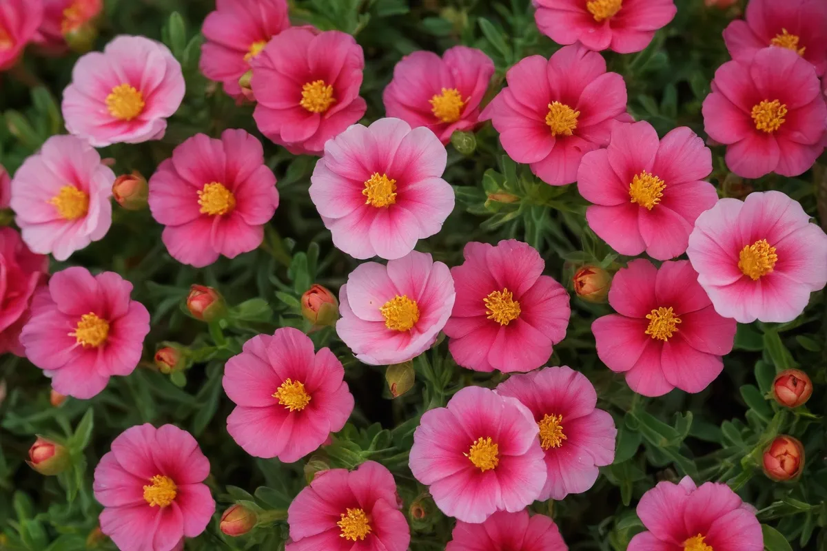 Flores de portulaca vibrantes, rojas y rosadas, representan belleza, fortaleza y sabor aromático