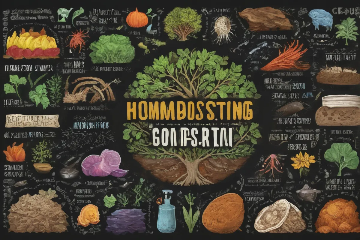 Un collage de ilustraciones botánicas y fotos de reciclaje que incluye la escritura de cada elemento