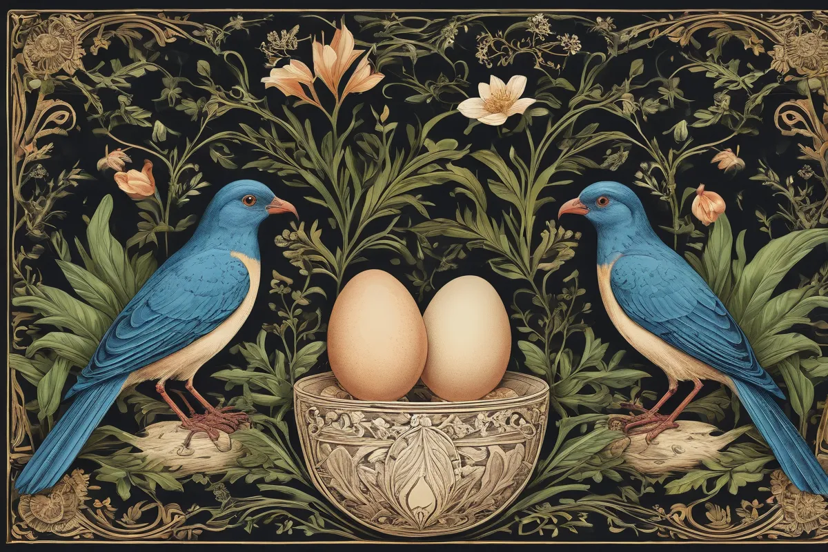 Una ilustración con aves, huevos y vegetación en un margen ornamentado