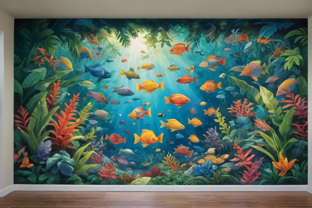 Un mural de jungla tropical con coloridos peces y advertencias de peligro