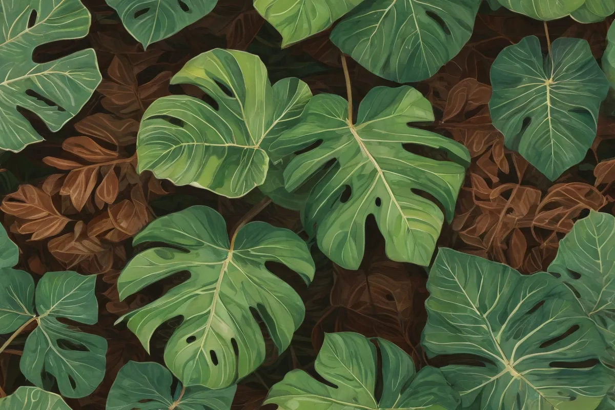 La filodendrón, con hojas verdes e intrincadas venas y un color vibrante de verde y marrón