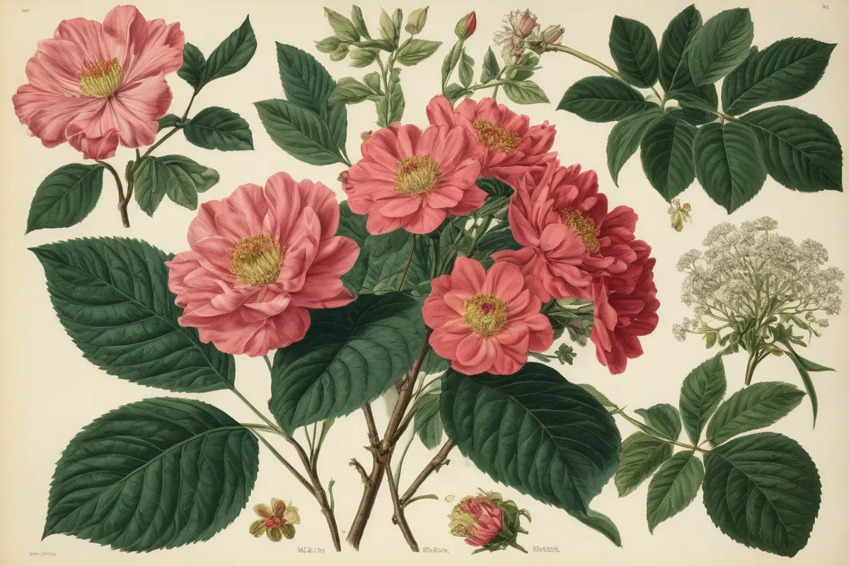 **Ilustraciones florales de árboles, plantas y arbustos; usos de plantas ornamentales.**