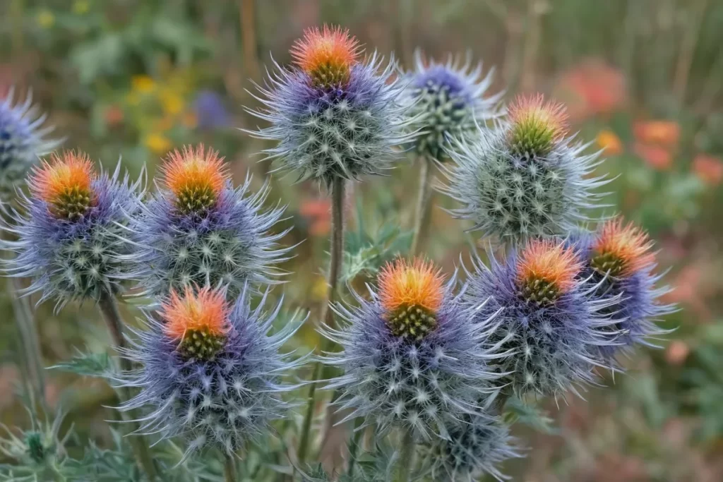 Sus erizó de colores y espigas intrínsecamente delicadas.  (Their colorful eryngium flowers and intricately formed flower spikes)