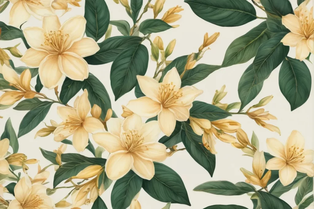 Las flores de jazmín dorado adornan un mundo botânico vibrante en una web floral