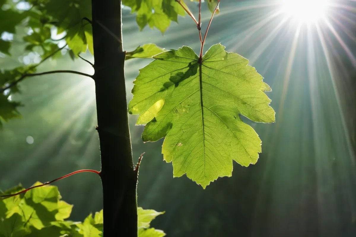 La fotosíntesis en acción, con luz solar y una vibrante hoja
