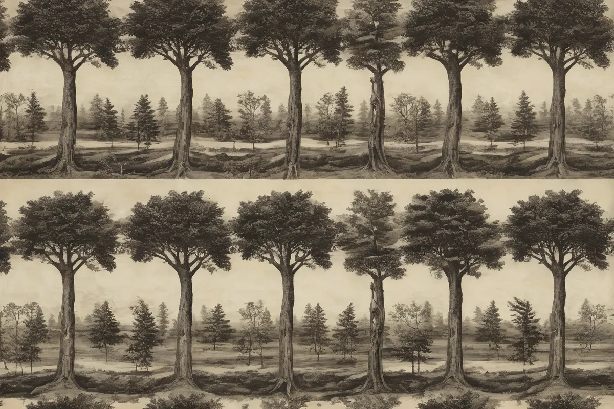 Papel antiguo con fotografías de árboles históricos