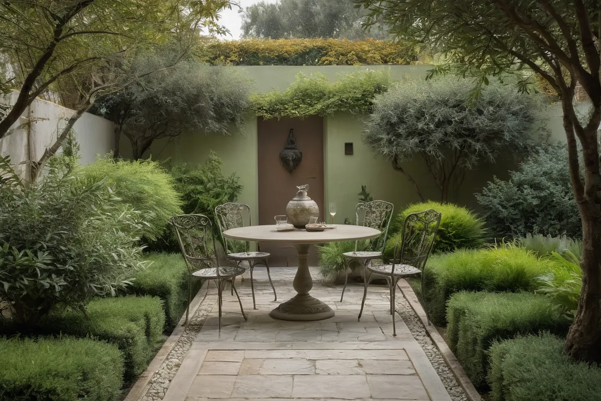 El jardín tiene verdes y bronces olivos elegantes