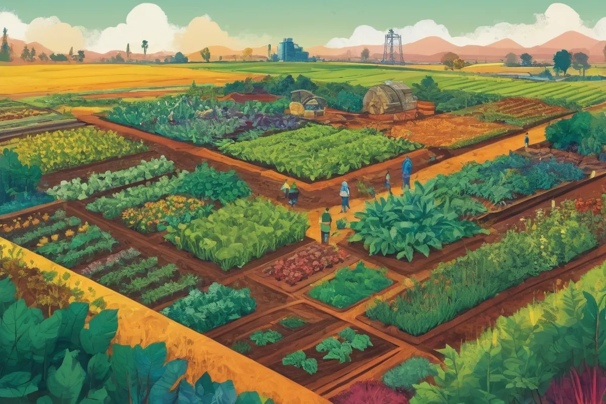 Un dibujo ilustrado de agricultura, ecosistemas y gestión de residuos