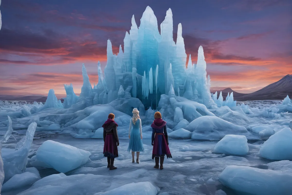Una imagen vibrante muestra a personajes congelados en paisajes volcánicos con esculturas de hielo