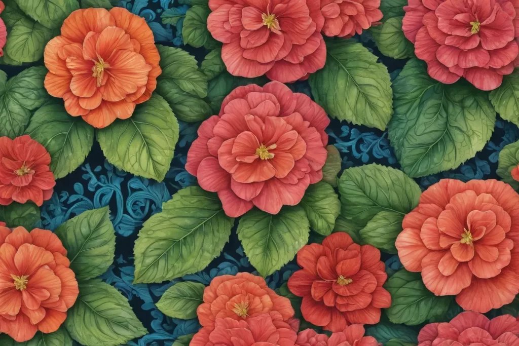 Las begonias vibrantes florecían con patrones intrincados en un fondo fantasioso