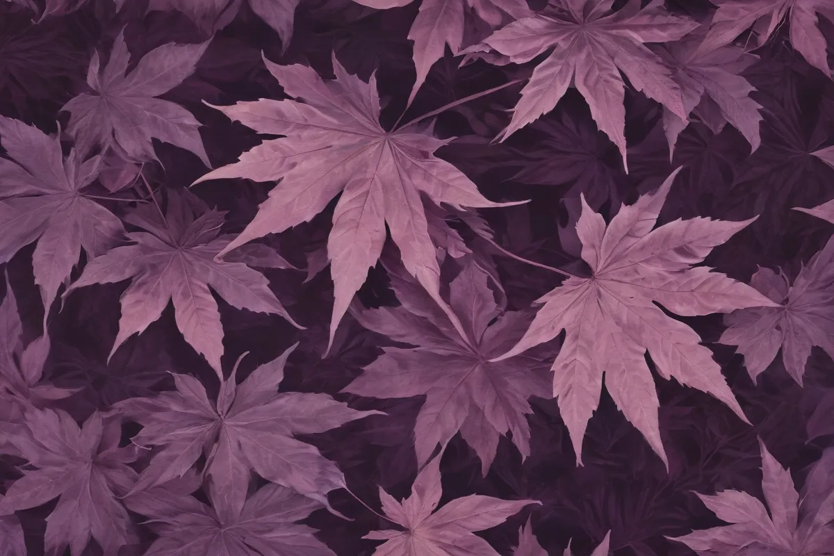 La papel de parede muestra un patrón de hojas de maple japonés y tonos púrpulesados con detalles de archivo