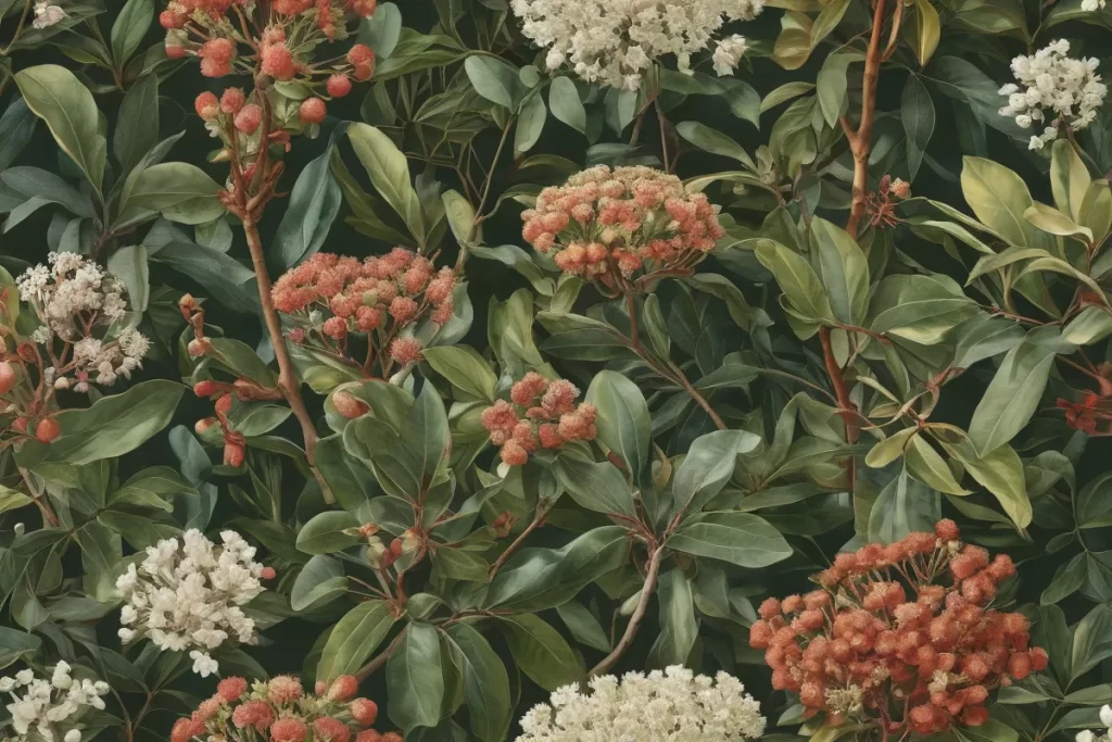Una decoración de papel floral con detalles botánicos y datos sobre especies de Arbutus