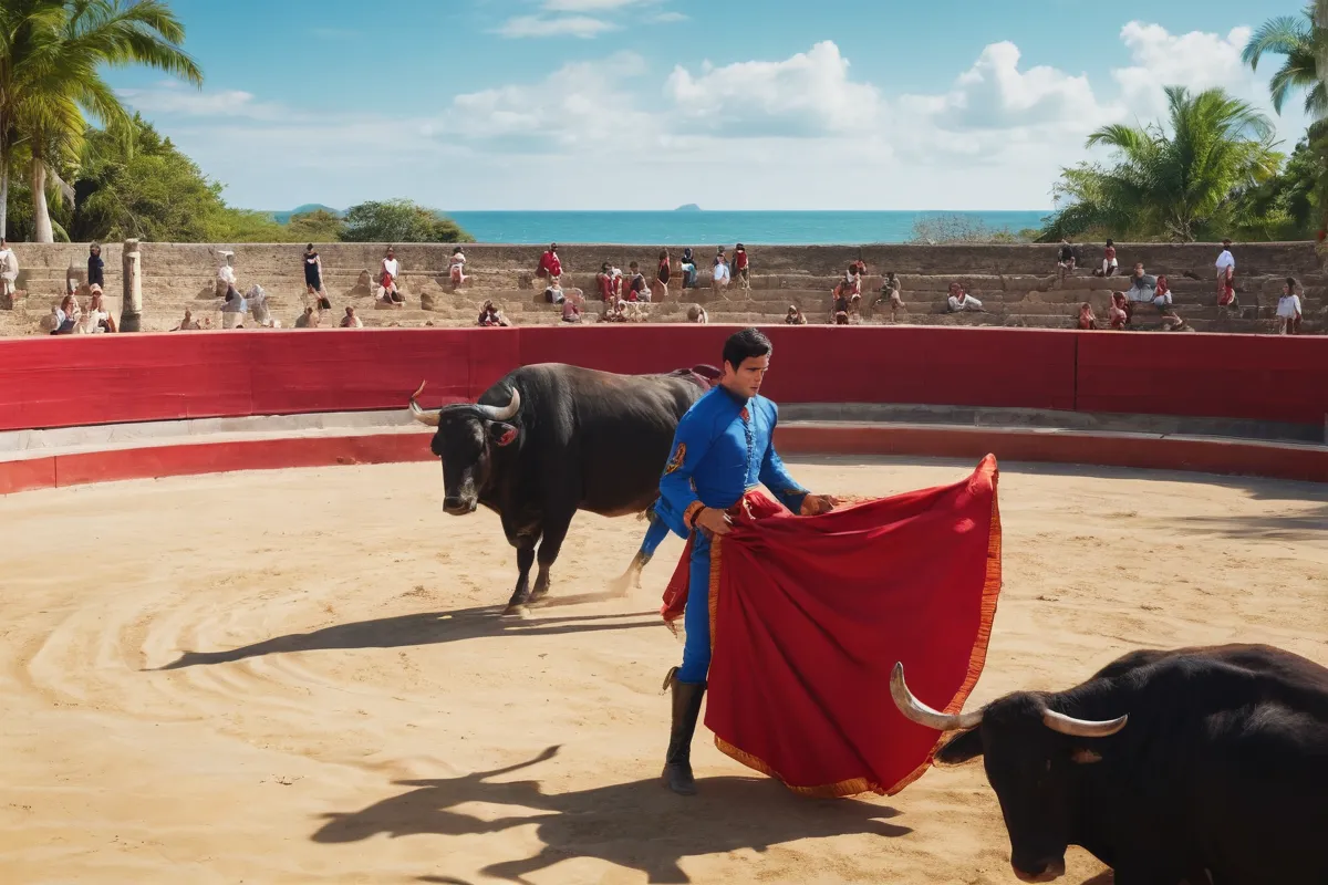 Imagen de fondo con toro, personas y un paraíso tropical