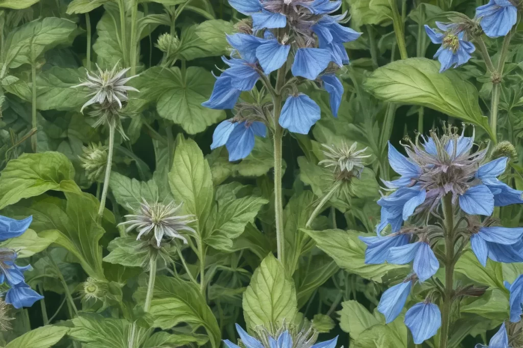 Ilustración botánica detallada de la Borago officinalis con un jardín mágico