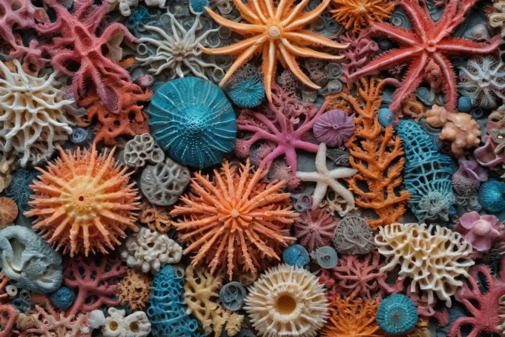 Insectos marinos vibrantes con formas únicas e intrincadas