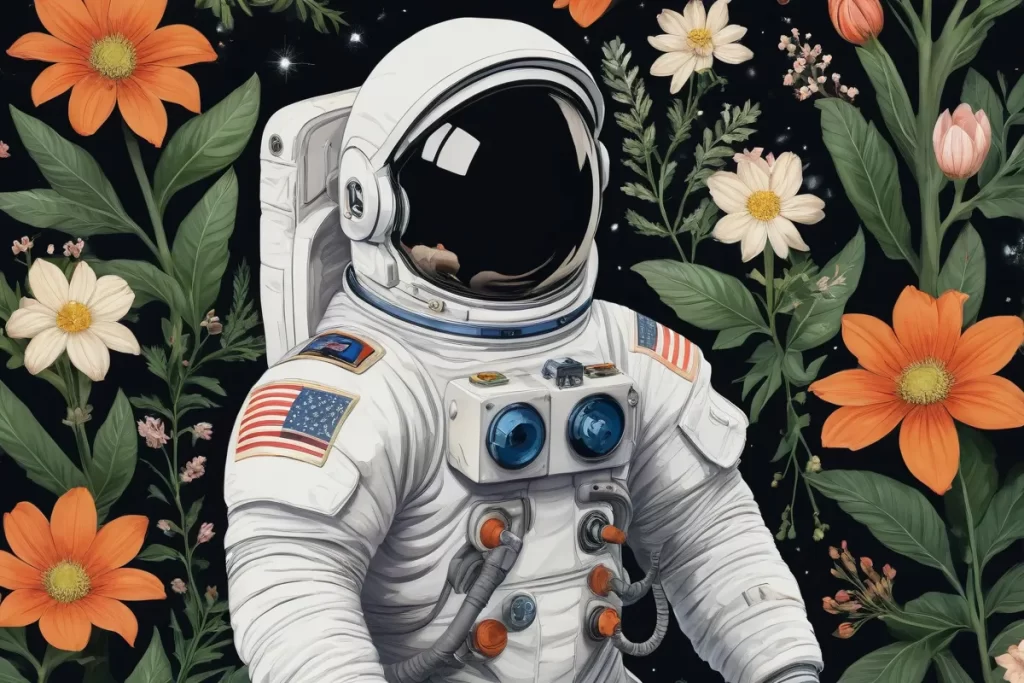 Ilustración floral del astronauta y cuidado de plantas con flores de Júpiter