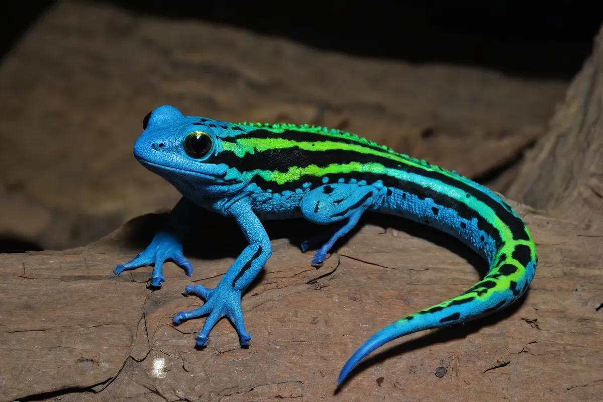 Cartoon ajolot con colores neón verde y azul, con una cola de salamandra