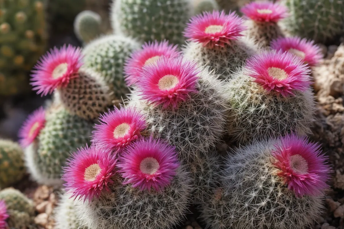 Formas vibrantes de Mammillaria rodeando una comunidad en línea vibrante