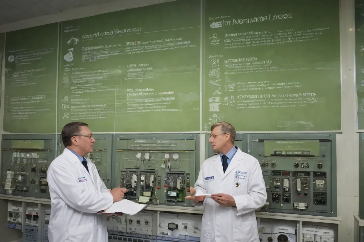 La pared de papel muestra el uso de energía nuclear, incluyendo plantas de potencia y medicinas, con un riesgo-recompensa