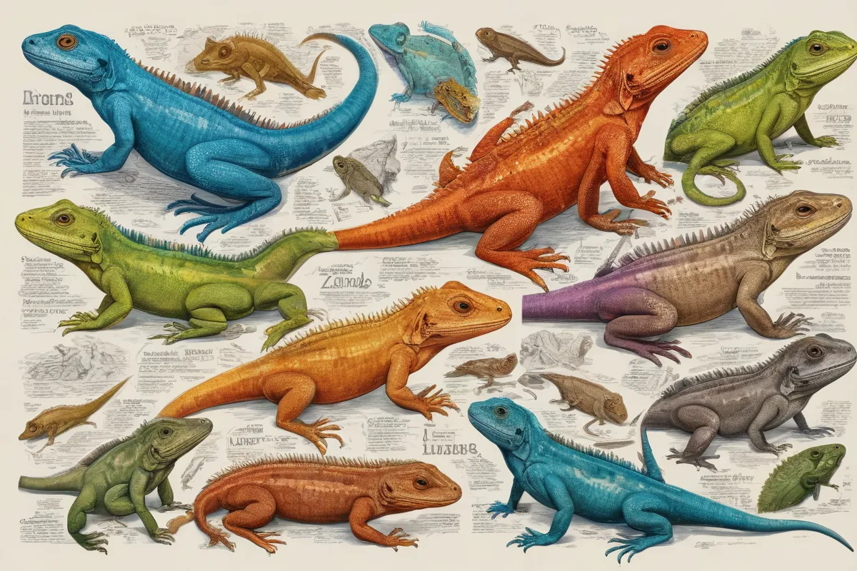 Un retrato colorista de lagartos con información sobre su nombre, especie y datos interesantes