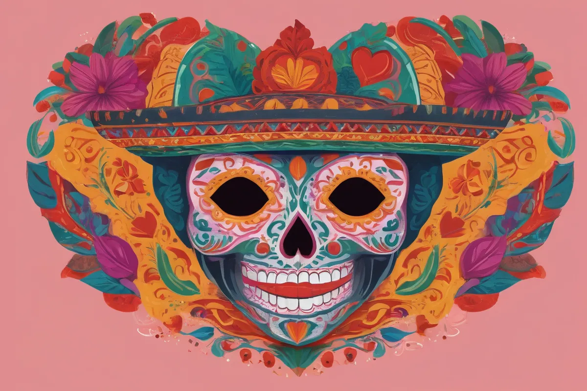 Escena colorida de la cultura mexicana con garambullo estilizado y antioxidante en forma de corazón
