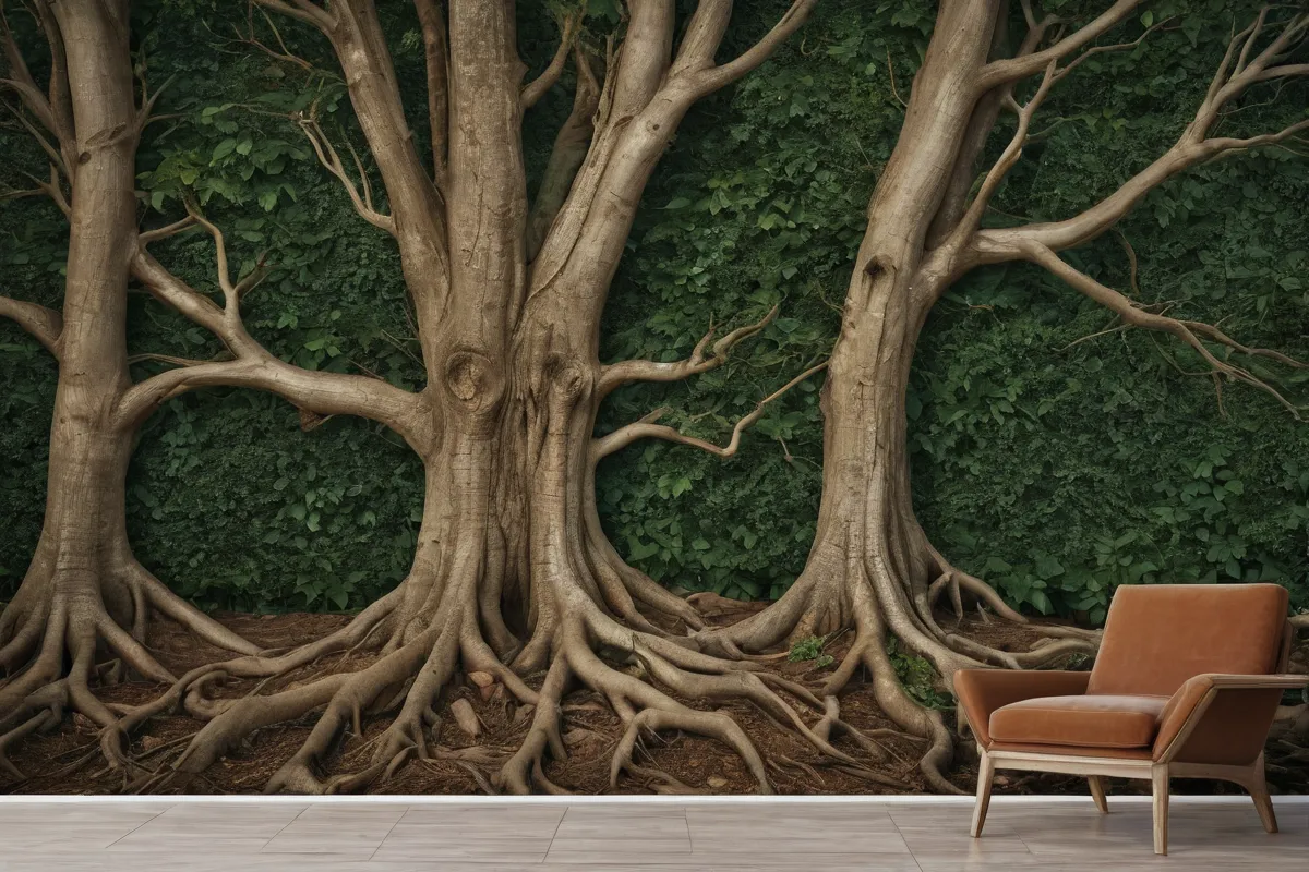 La planta en patrones de pared tiene raíces, tronco, ramas y reproducción