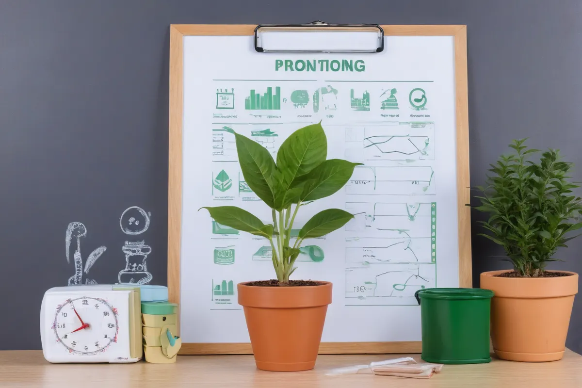 Planta en maceta, tabla de información y icono de resolución de problemas