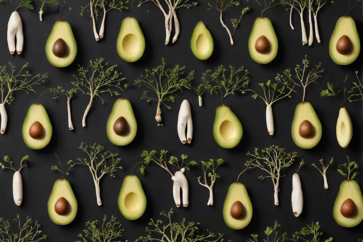 Papel para la pared con aguacate con semillas que brotan y huesos creciendo.   (Translation: Avocado wallpaper with seeds sprouting and bones growing.)