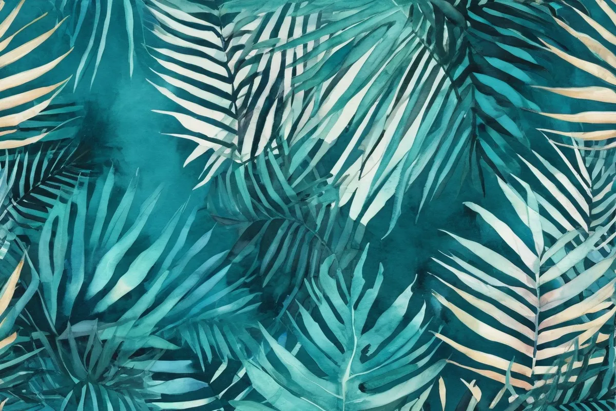 Las hojas de palmera con patrones geométricos audaces y un fondo turquesa vibrante