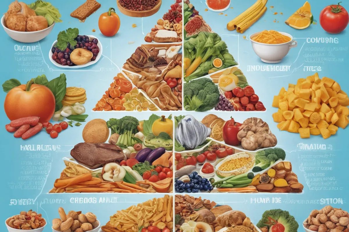 Una ilustración ilustrativa de grupos alimenticios y sus impactos en las funciones humanas