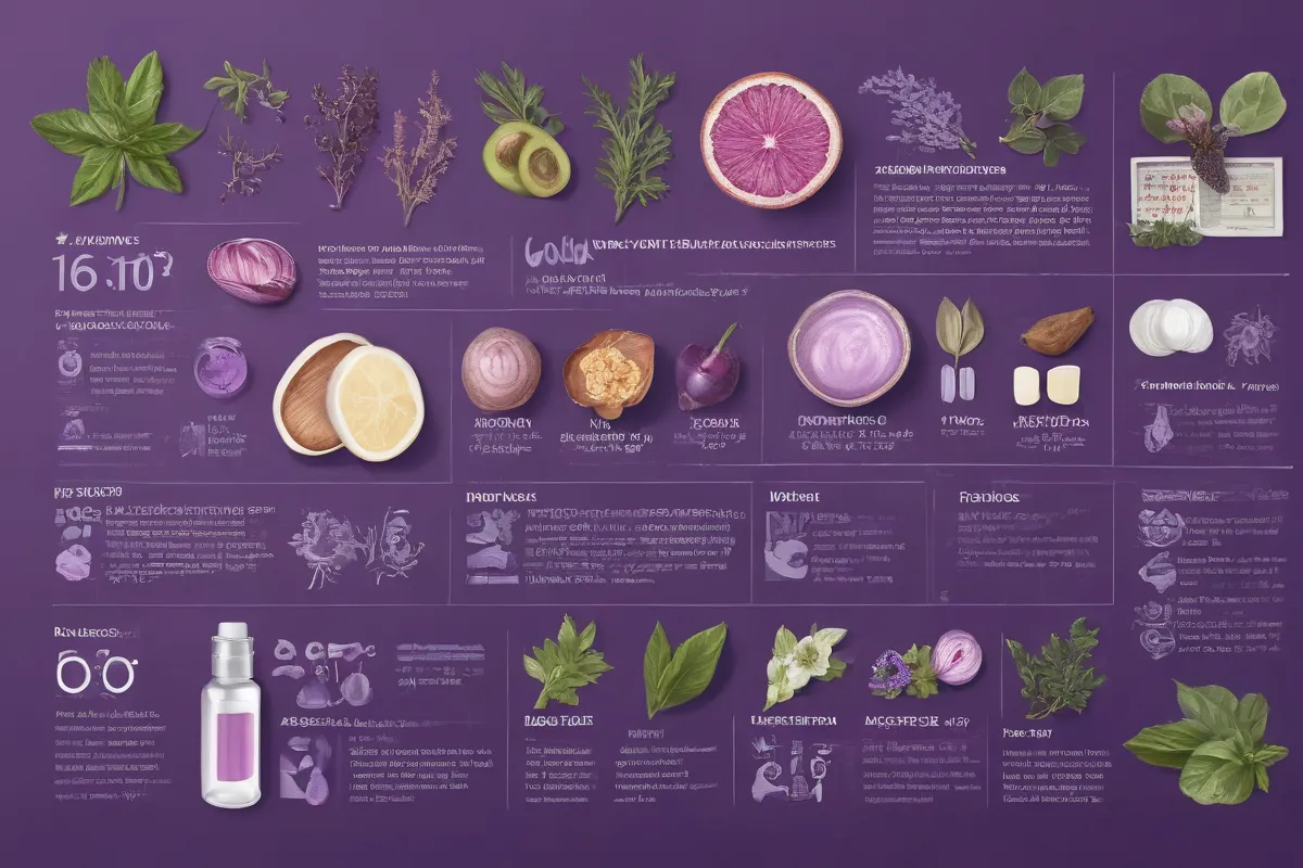 Imágenes de recetas y elementos naturales en una página con fondo morado