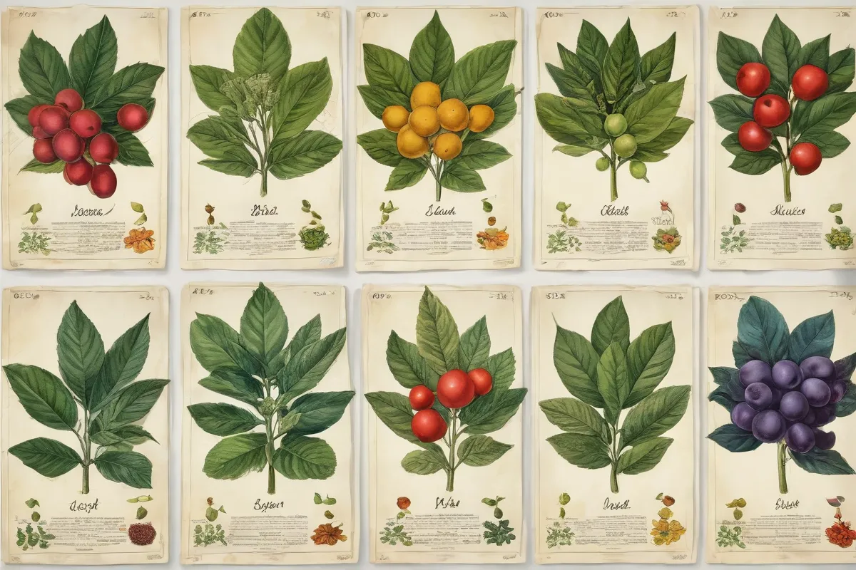 cartaz con ilustraciones de variedades de acebos con hojas ilustradas