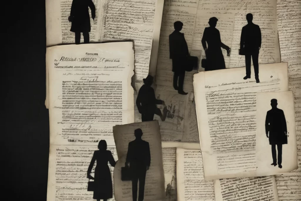 ¡Imágenes de archivo en blanco y negro: figuras ocultas buscan información entre documentos antiguos!